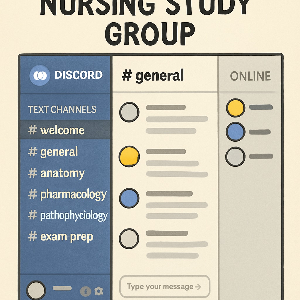 A screenshot of a well-organized nursing study group on Discord showcasing multiple topic channels. The image emphasizes platform structure and versatility. Discord study group for nursing students with organized topic channels.