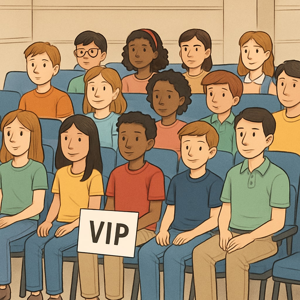 A group of students sitting in a school auditorium, with a section marked Students sitting in an auditorium, with a
