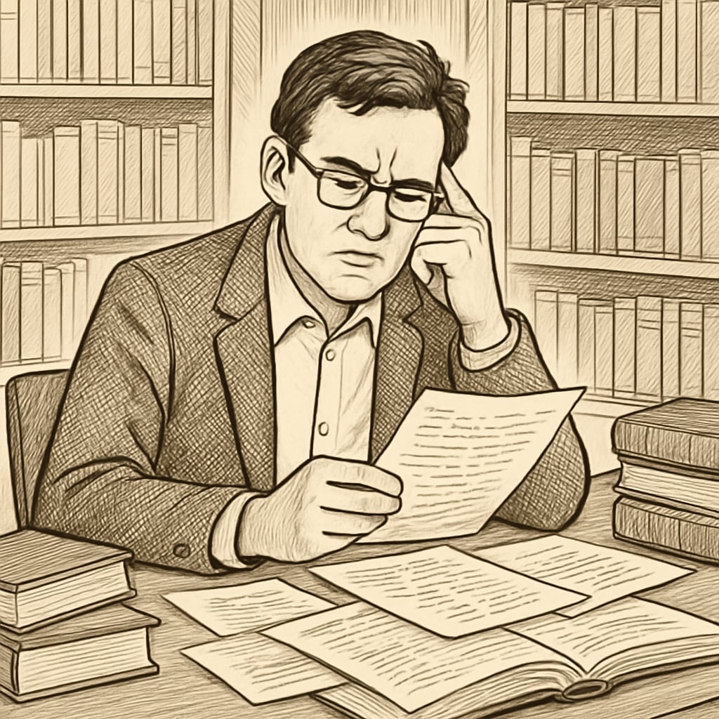 An academic researcher sitting at a desk, reviewing notes and struggling to connect with practitioners. Academic researcher analyzing documents, illustrating difficulties in finding interviewees.