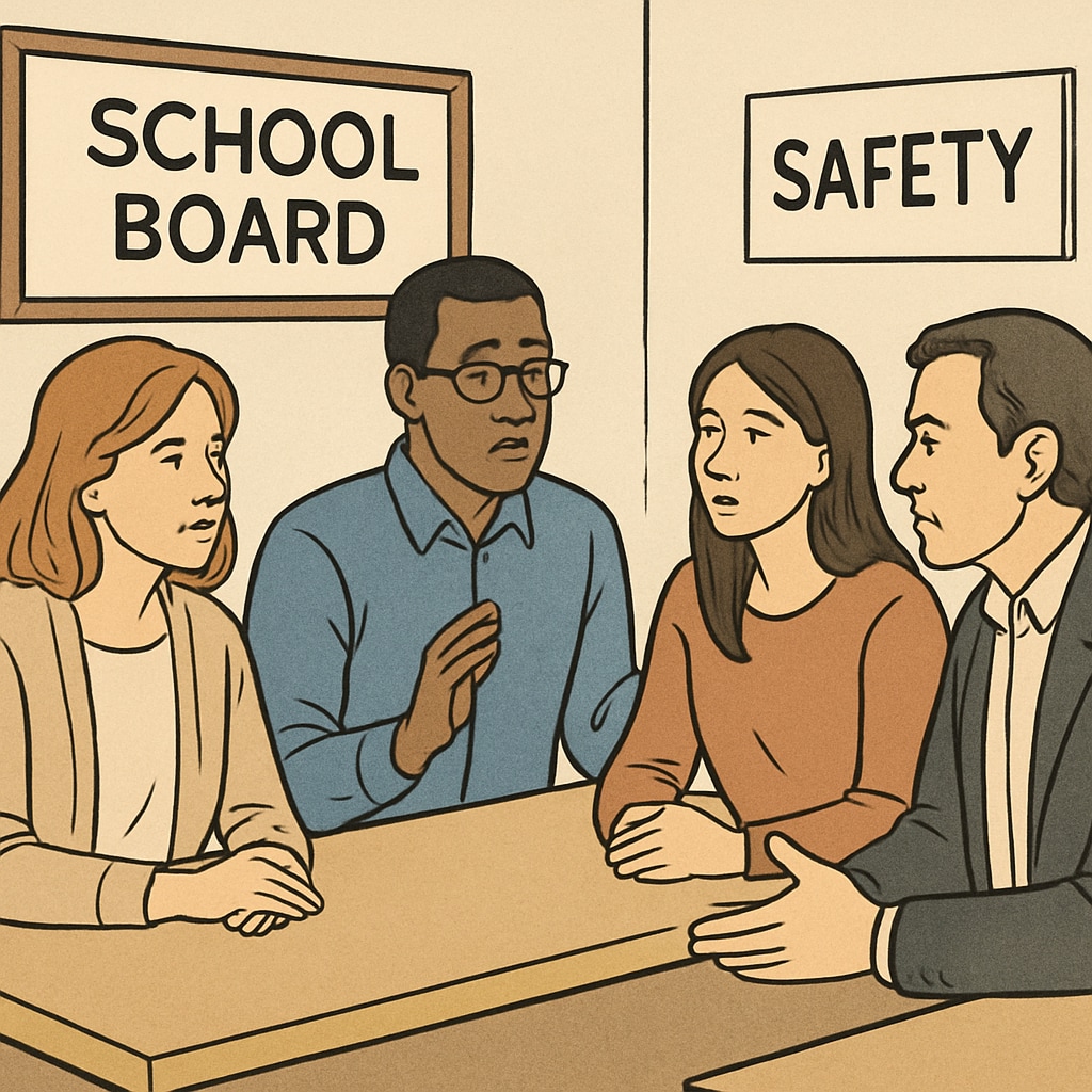 A group of concerned parents discussing school board leadership and safety concerns. Parents discussing child safety in school board governance.