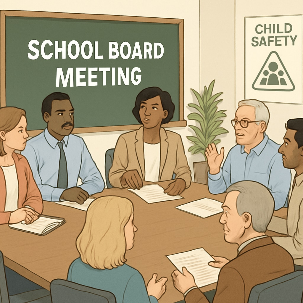 A school board meeting with community members discussing child safety concerns. Community members addressing child safety concerns at a school board meeting.