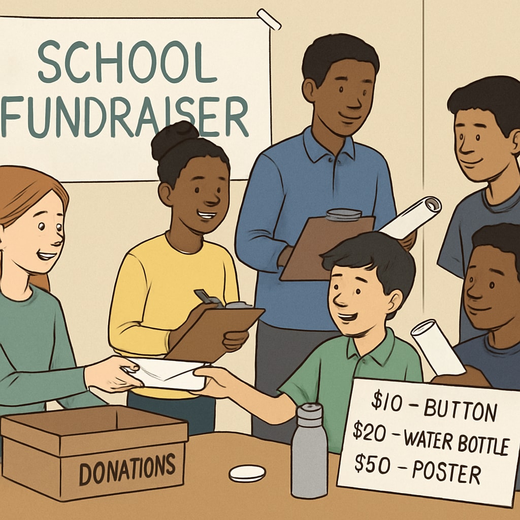 A diverse group of students participating in a school fundraiser, with visible disparities in rewards based on donations. Students in a fundraiser showing economic disparities in rewards.