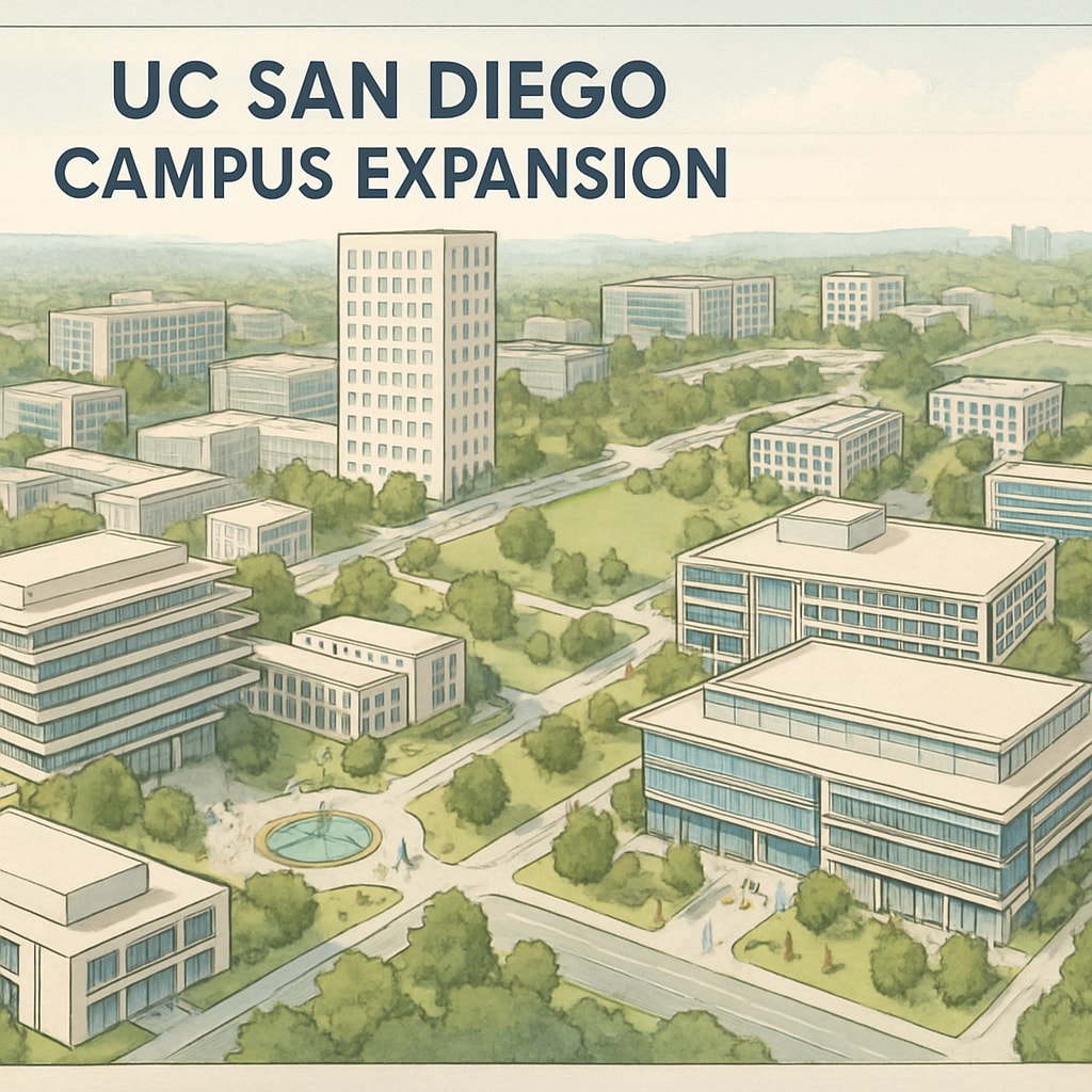 A rendering of UC San Diego's campus expansion, highlighting new buildings and facilities. UC San Diego campus expansion with new facilities and buildings.