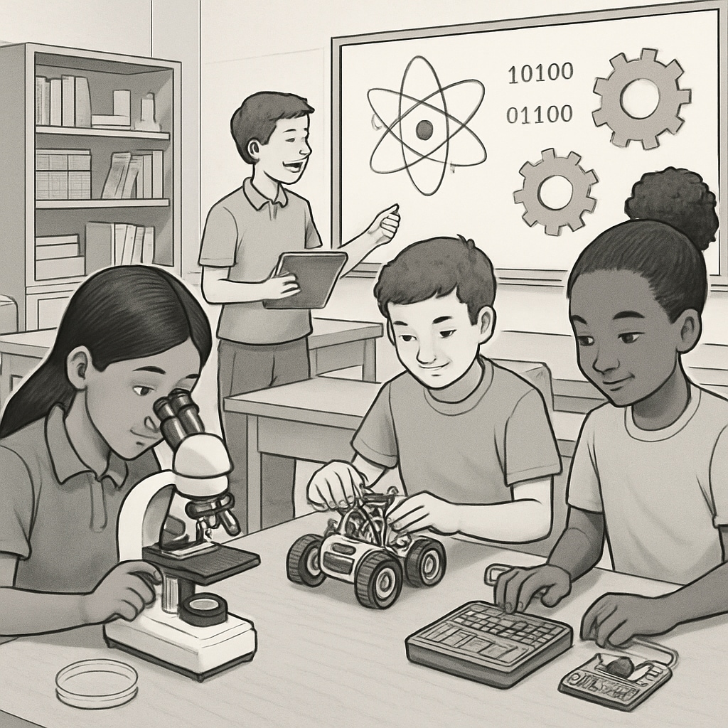 A classroom with students engaged in STEM activities, symbolizing K12 education adapting to higher education demands. K12 students in a classroom working on STEM activities.