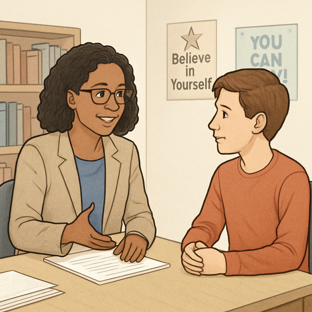 A school counselor talking to a student in an academic environment, demonstrating their role in providing emotional and academic support. School counselor speaking with a student about academic challenges in a classroom.