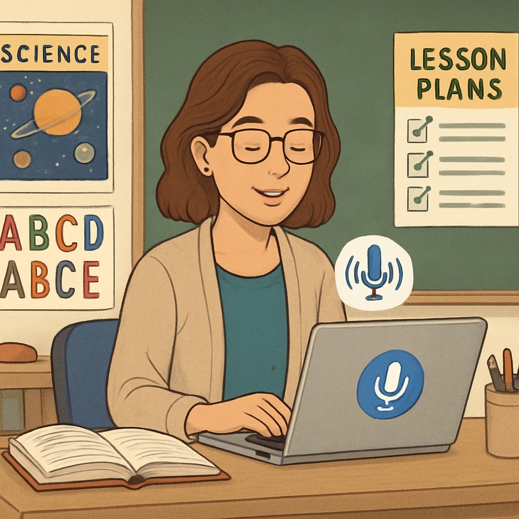 A teacher using a voice recognition tool like WillowVoice to create lesson plans on their laptop in a classroom setting. Teacher utilizing WillowVoice for lesson planning in a classroom.