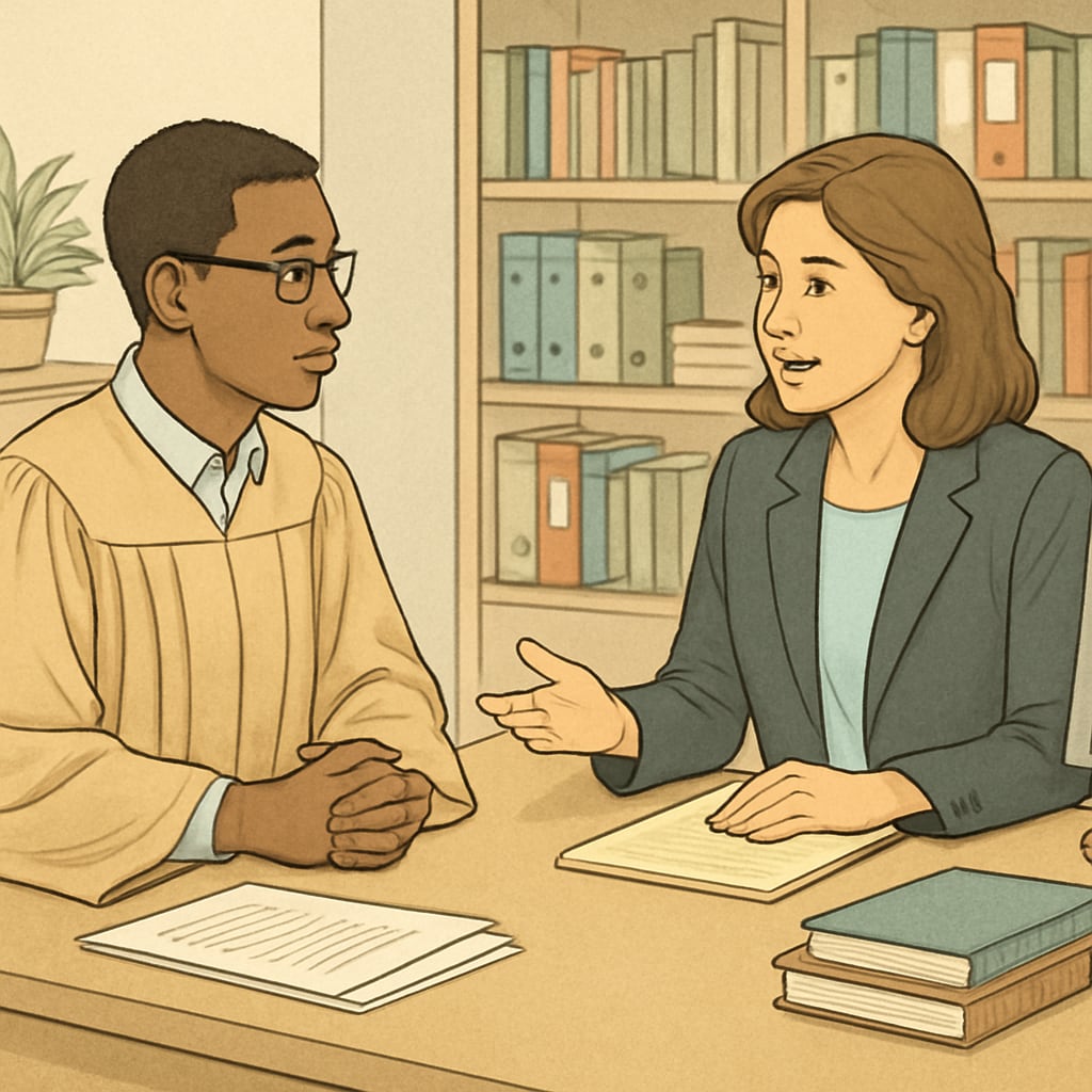 A graduate student conducting an academic interview with a school counselor in a professional office setting. Graduate student interviewing a school counselor for research purposes.
