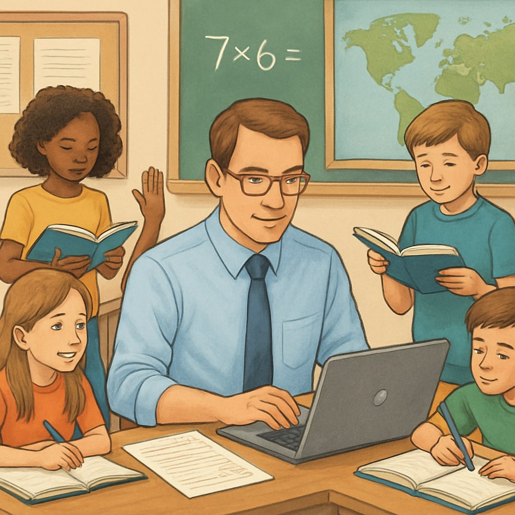 Teacher and students exploring test resources to improve learning outcomes.