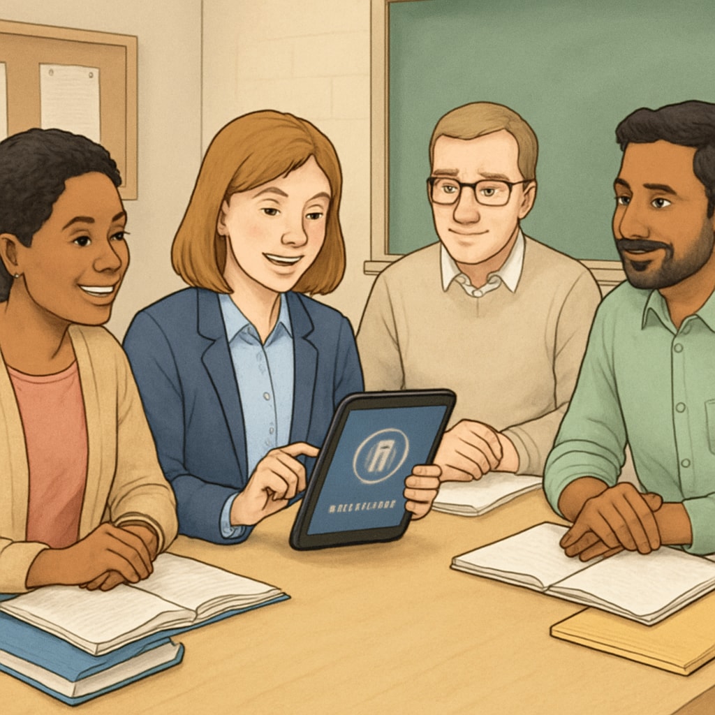 A group of teachers in a meeting, with one using a voice recognition app to transcribe the discussion on a tablet. Teachers collaborating with a voice recognition app during a meeting.