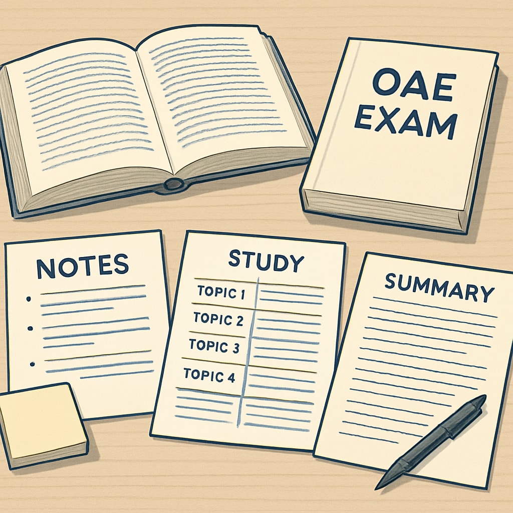 Study notes and open book related to OAE exam preparation.