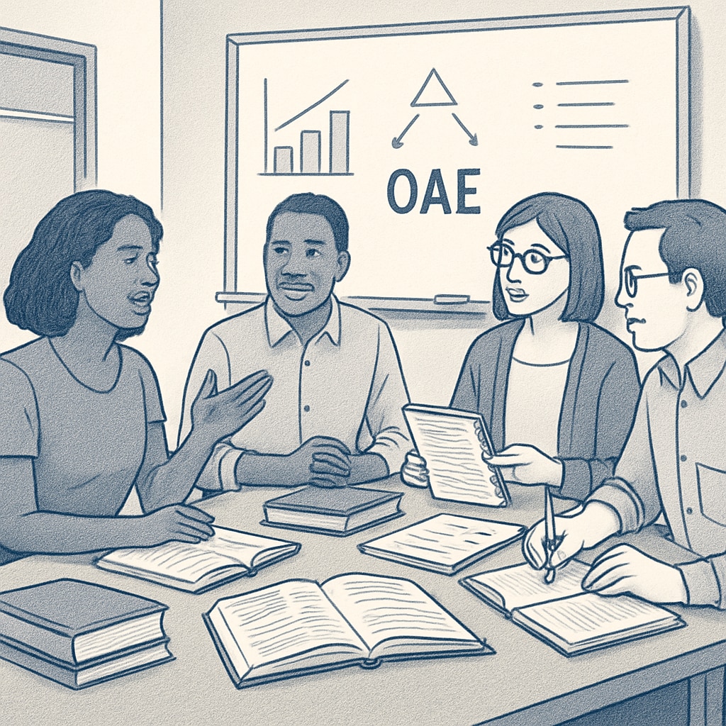 Educators sharing resources for OAE exam preparation in a classroom.