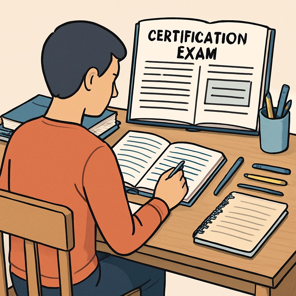 A student sitting at a desk with study materials, preparing for a certification exam. A student preparing for the OAE exam with study materials on a desk.