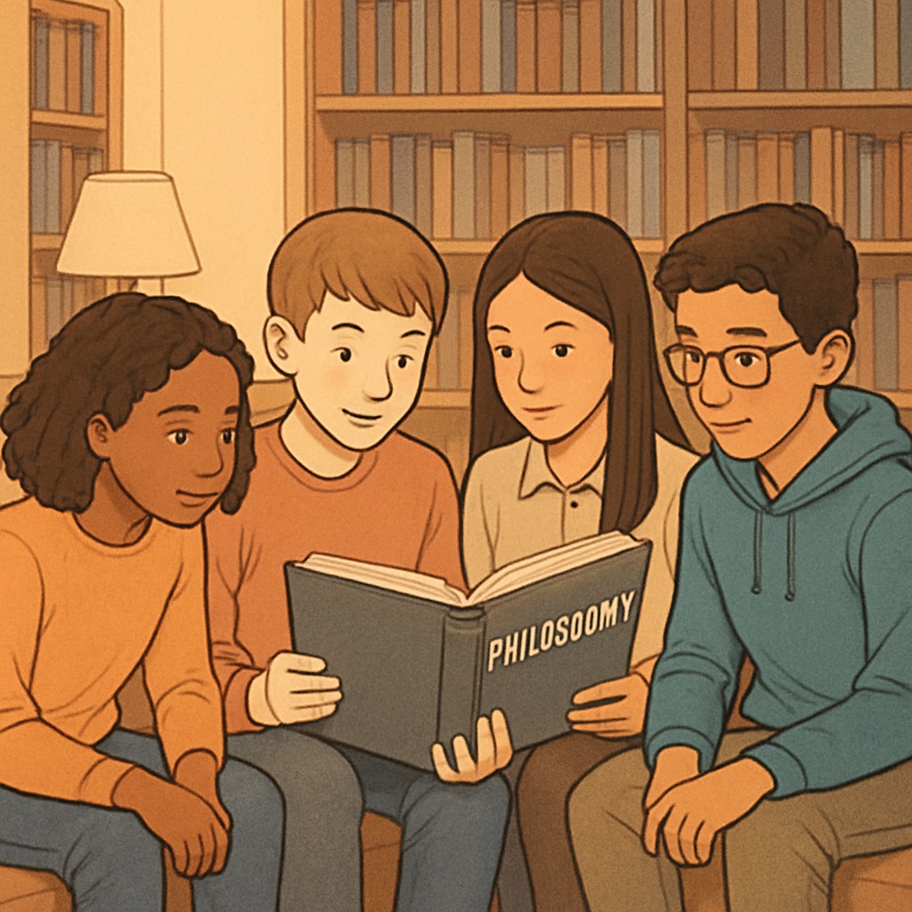 A group of K12 students reading a philosophy book together in a cozy library setting. K12 students exploring philosophy books in a library.