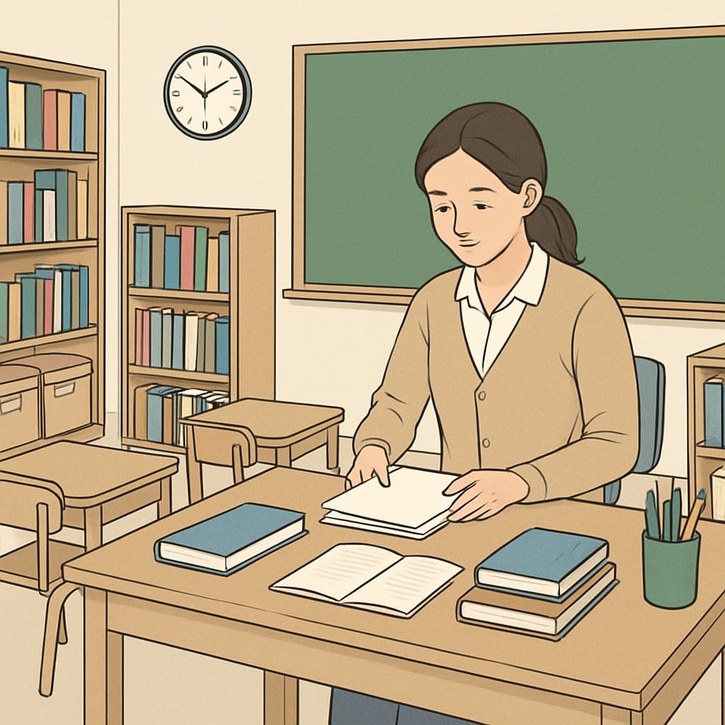 A serene classroom environment with a teacher preparing materials, symbolizing calm and focus. A calm classroom setup symbolizing focus for OAE exam preparation.