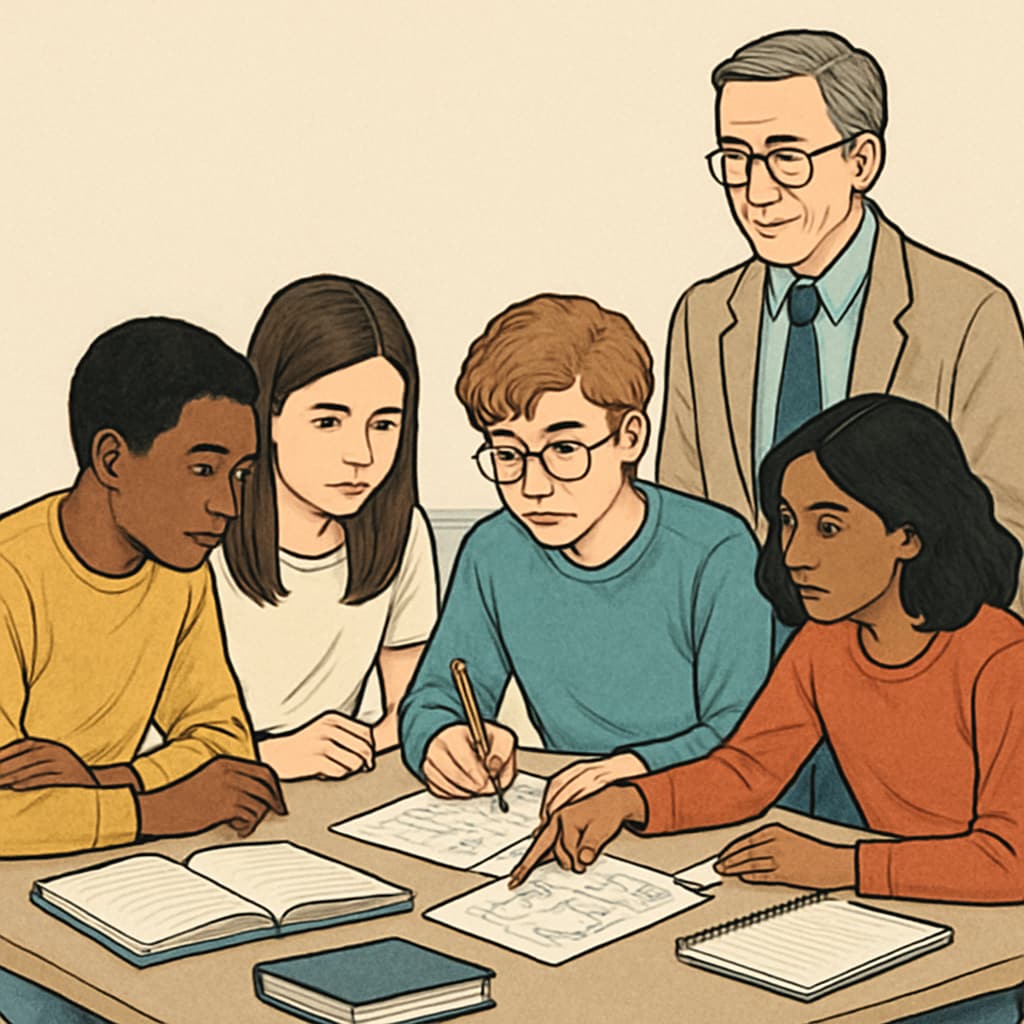 A group of students working on a challenging project, guided by a supportive teacher, representing empathy in education. A group of students collaborating under a teacher's empathetic guidance.