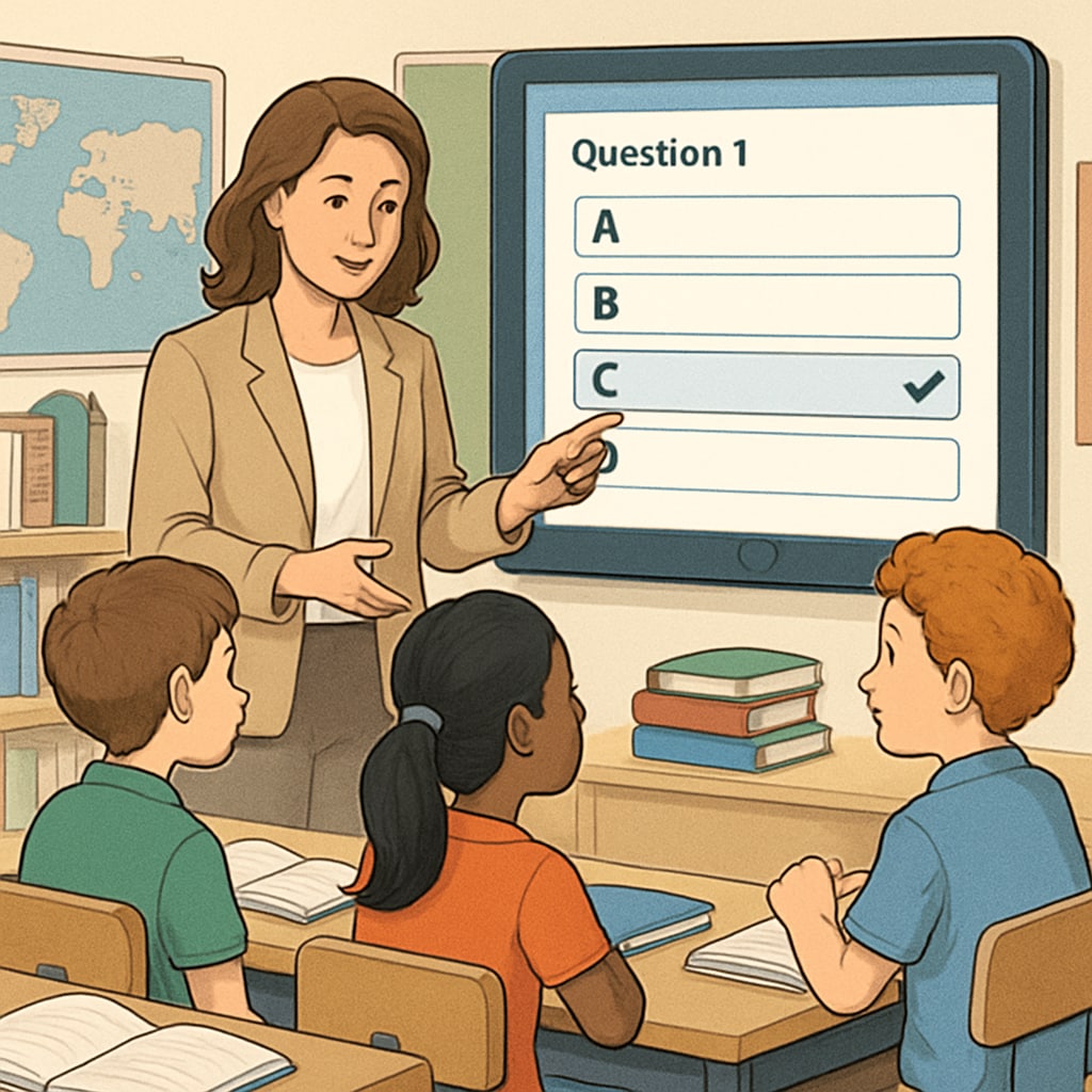 A teacher using a digital assessment tool with a group of students in a classroom setting. Teacher and students engaging with a digital test resource in a K12 classroom.