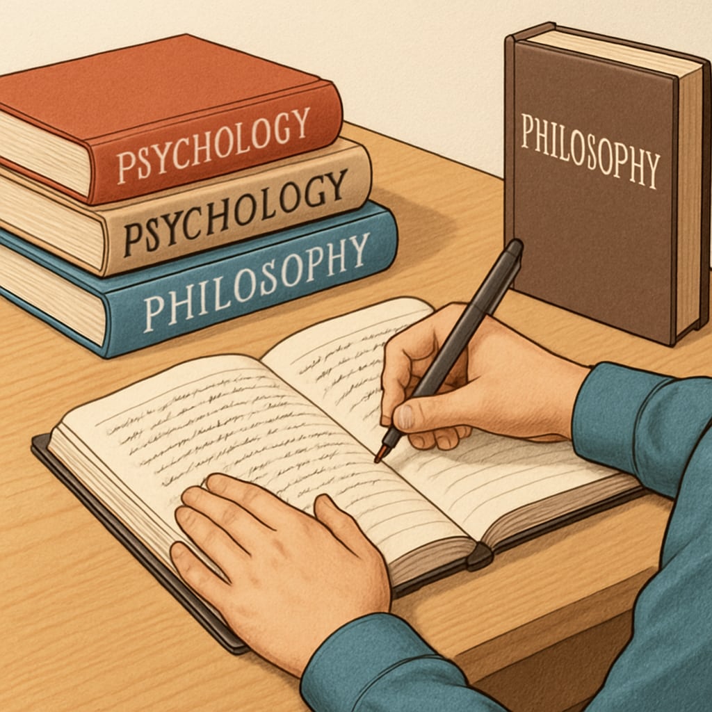 A close-up of a student writing in a journal while surrounded by psychology and philosophy books. Student journaling about psychology and philosophy.