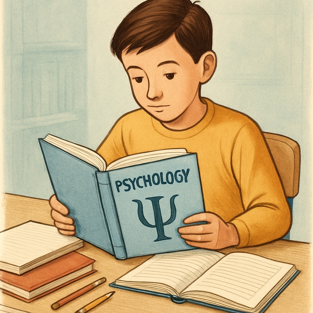 A young student reading a psychology book, symbolizing self-learning and discovery. A student reading a psychology book, representing self-learning resources.