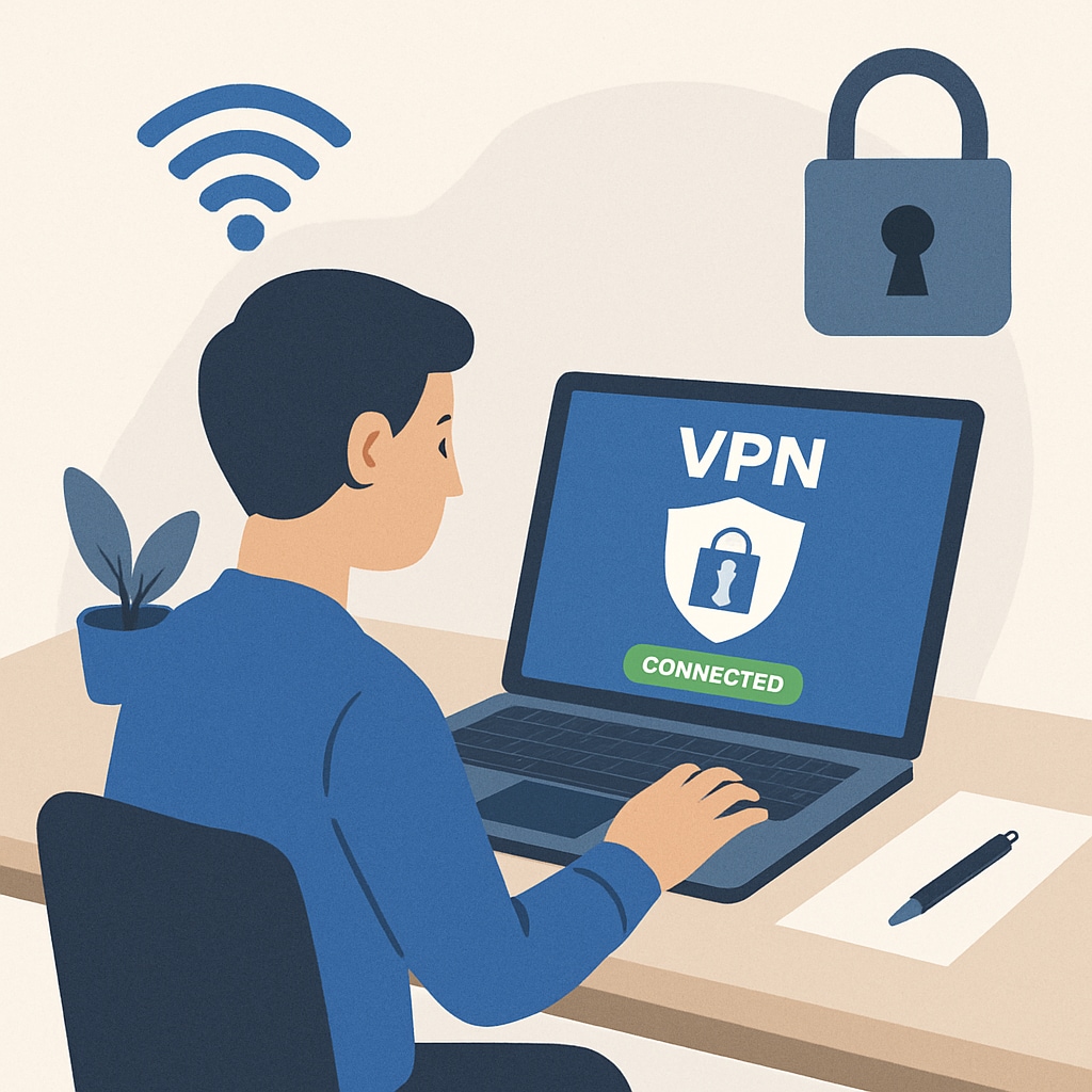 A person using a VPN on their laptop, symbolizing online privacy and security. VPN usage on a laptop representing online privacy and age verification concerns.