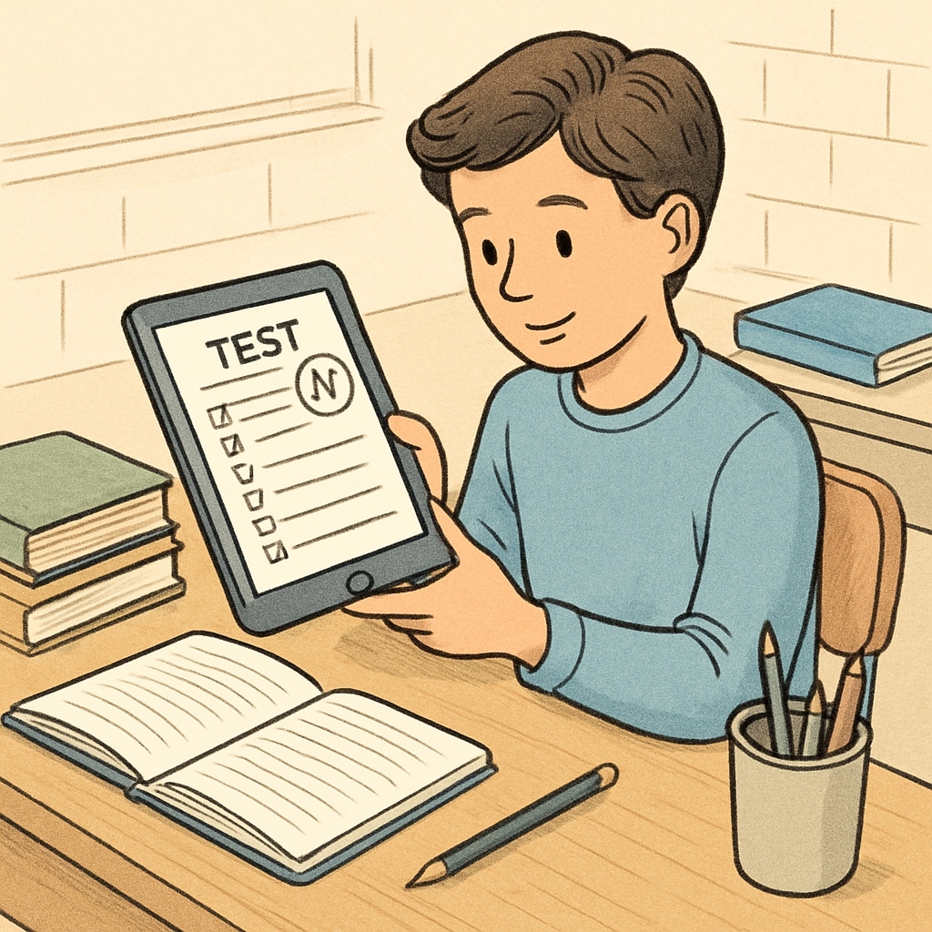 A student reviewing their test scores on a tablet, showcasing the use of modern educational tools. Student analyzing test results on a digital platform in a classroom setting.