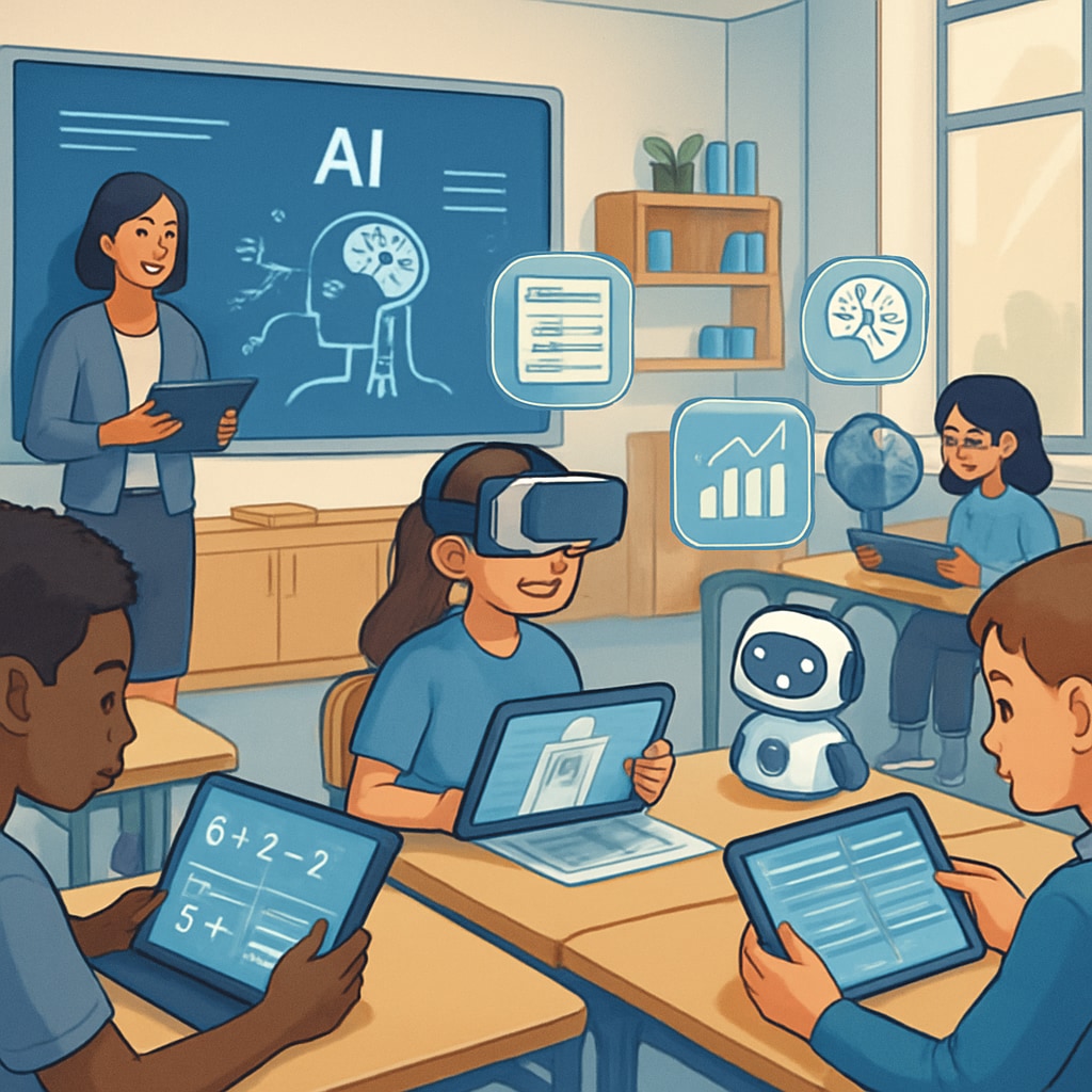 AI-driven personalized learning in a futuristic classroom