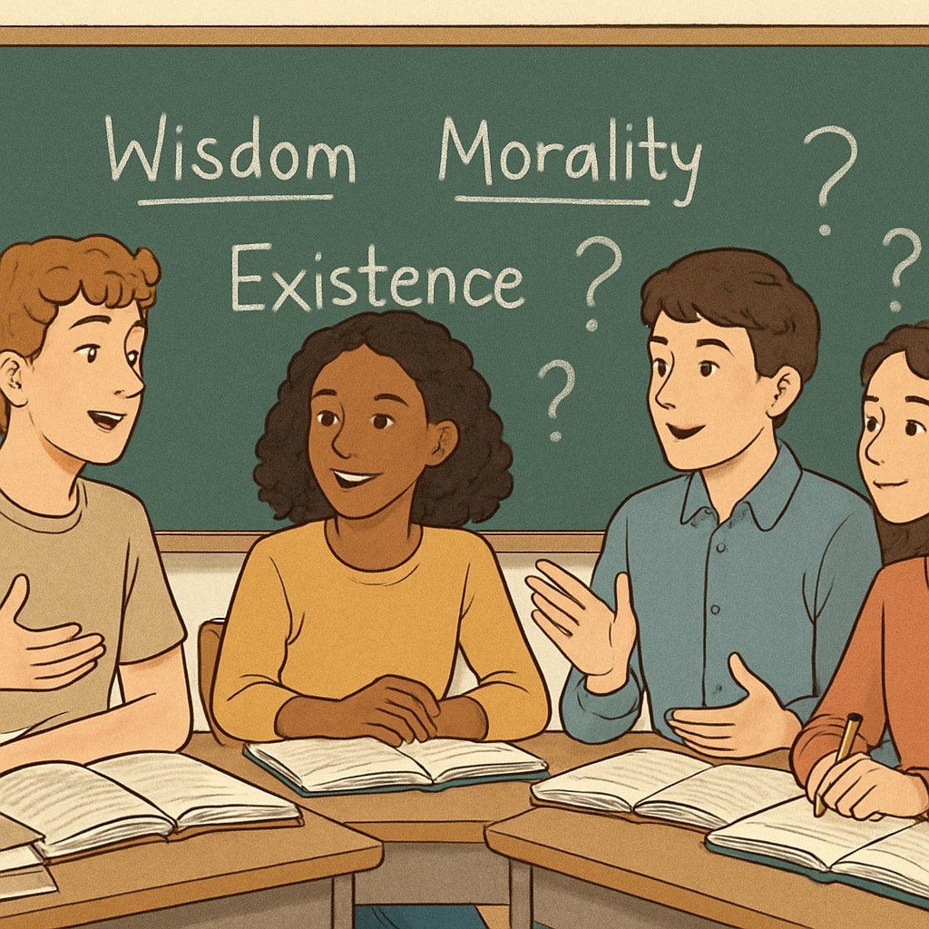 A group of high school students discussing philosophical concepts in a classroom setting. High school students engaging in philosophical discussions, emphasizing critical thinking.