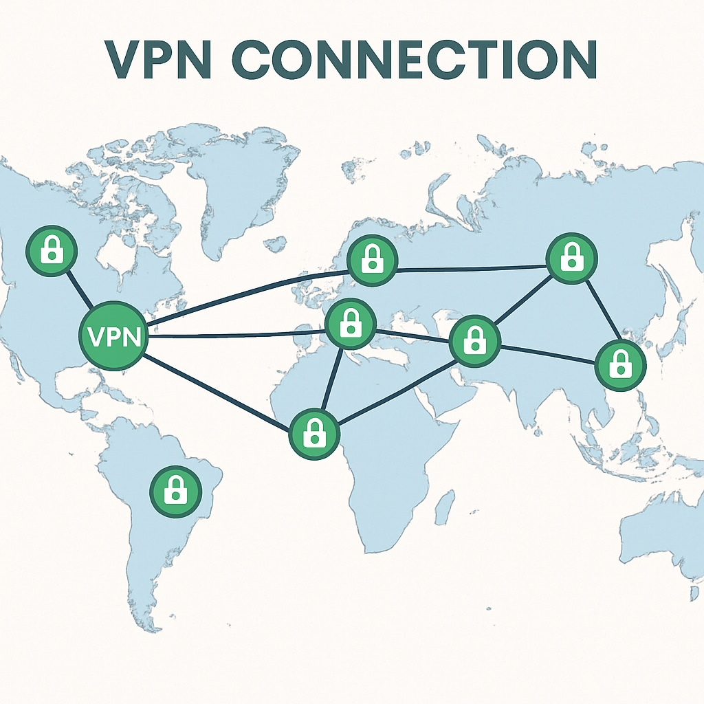 A digital map with VPN connection lines, representing global internet access and privacy. A digital map showcasing global VPN connections and internet privacy.