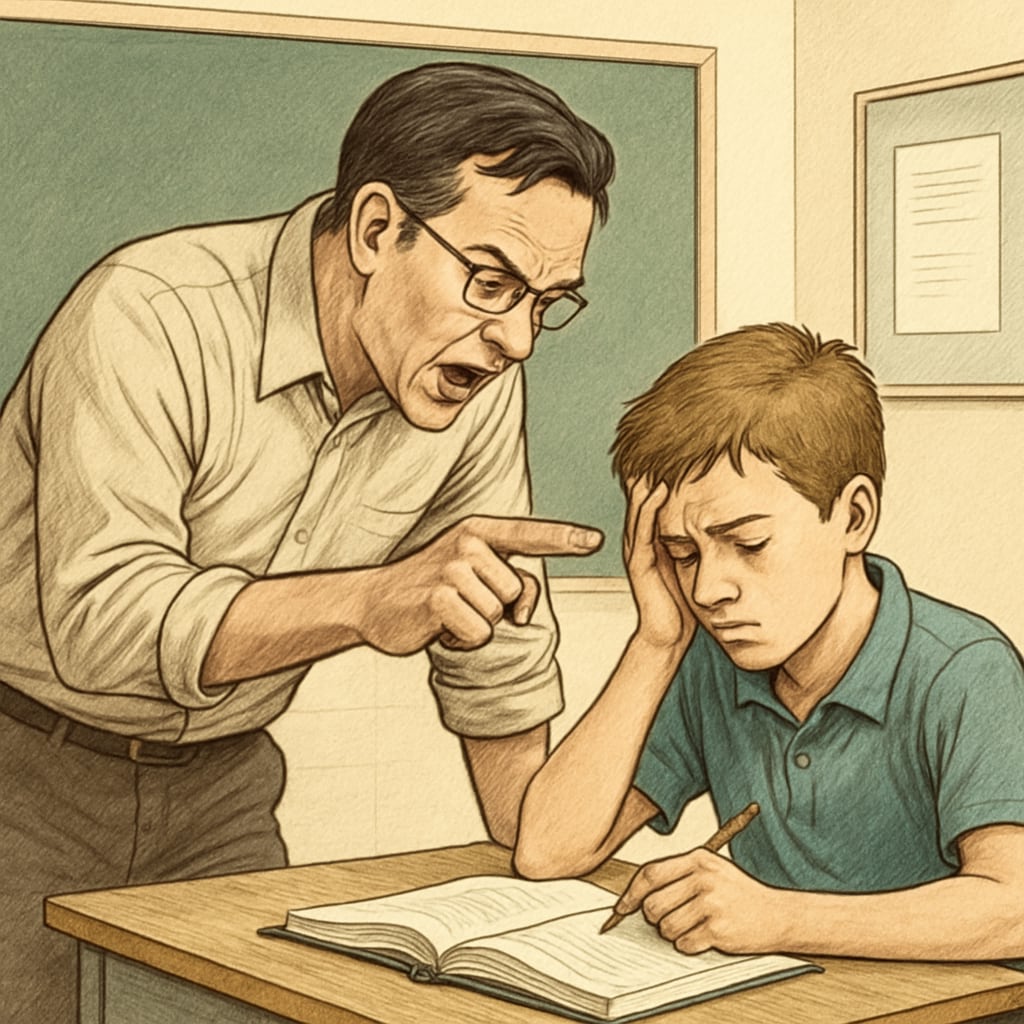 A teacher intensely instructing a student, symbolizing extreme pressure in education. Extreme pressure in education as a teacher pushes a student to excel.