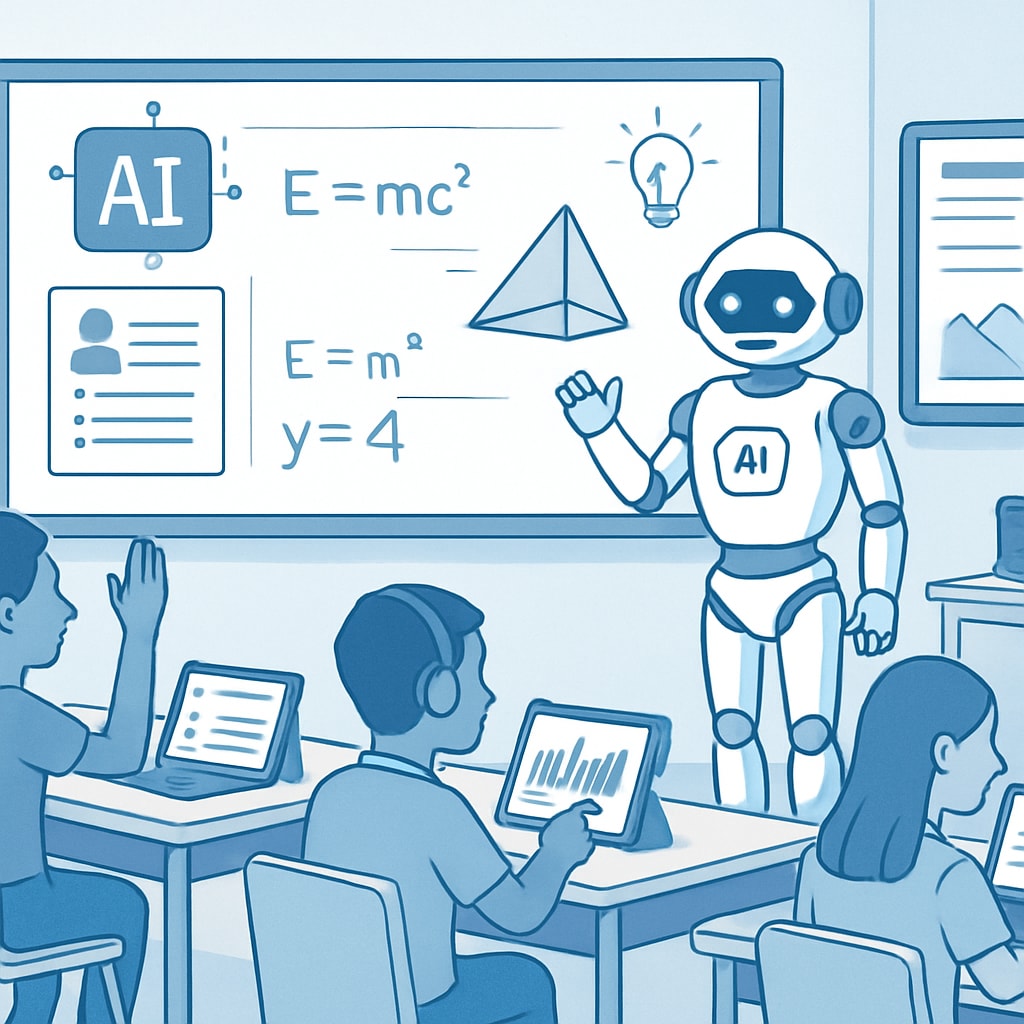 A futuristic classroom with AI-powered tools helping students in personalized learning, showcasing the integration of technology in education. AI-powered classroom with students learning through personalized tools.