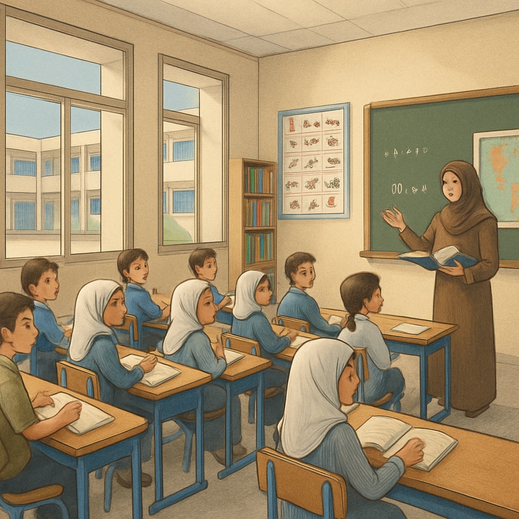 A classroom in Gaza with children learning in a newly reconstructed school, symbolizing hope and resilience. Children in a rebuilt Gaza school classroom participating in a science lesson.