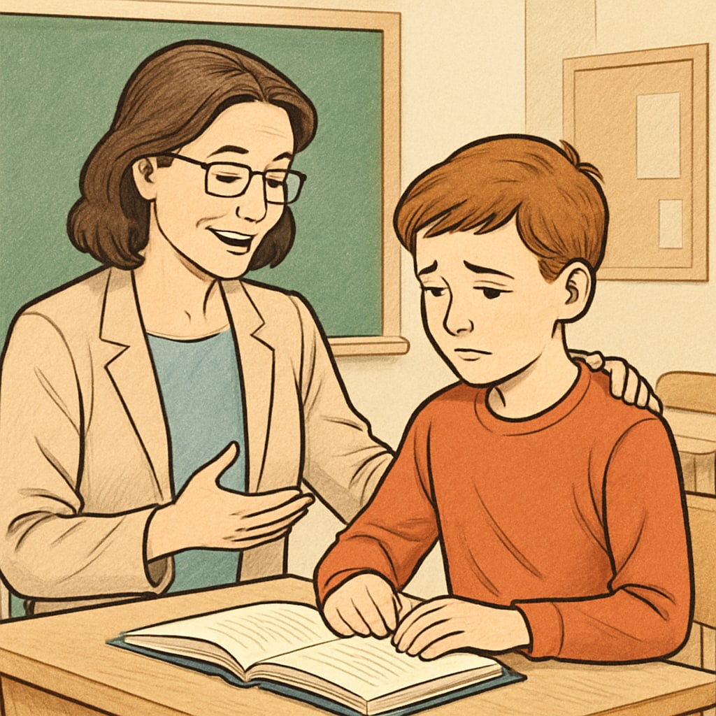 A teacher offering supportive feedback to a student, symbolizing emotional care in education. Emotional care in education as a teacher supports a student’s growth.