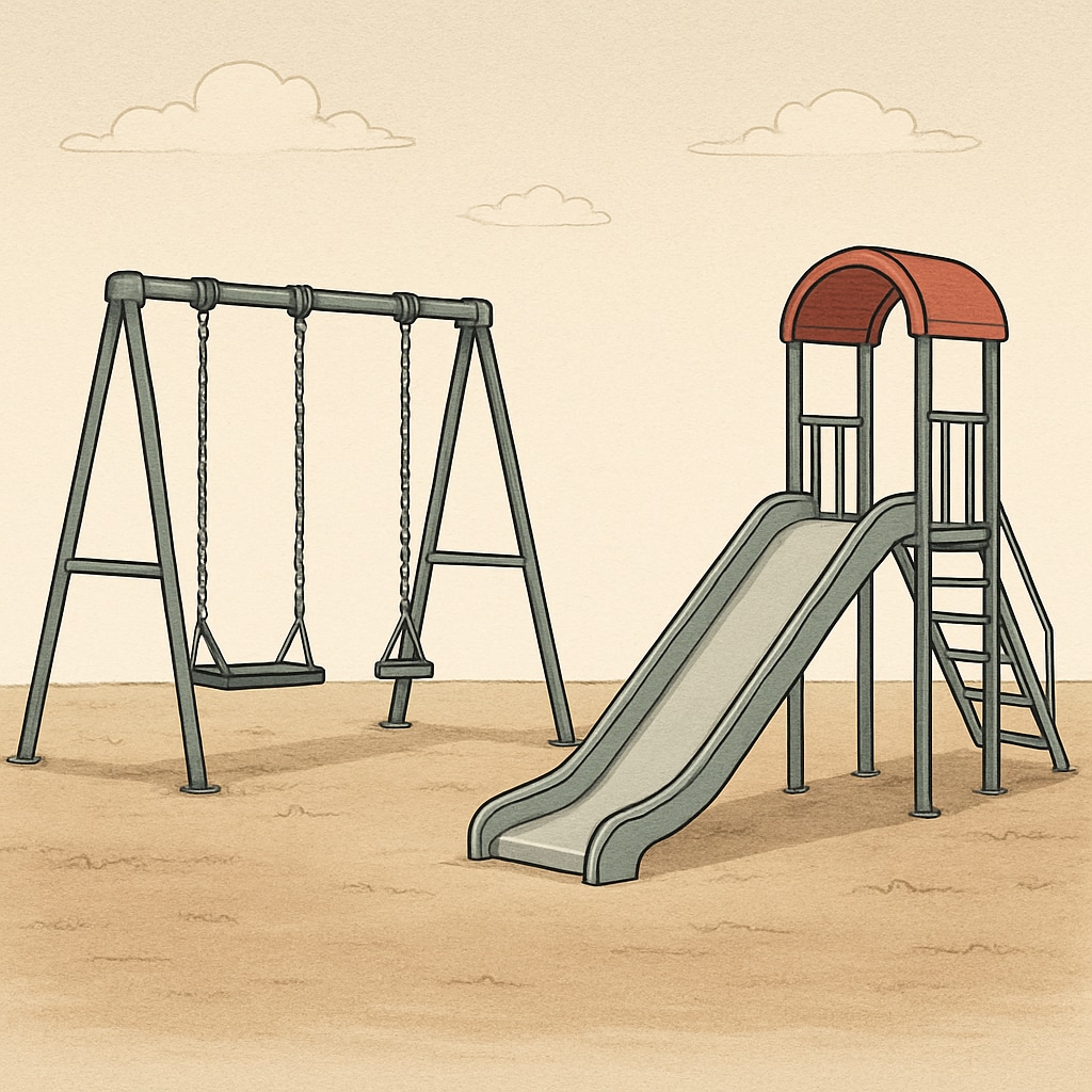 An empty playground with swings and slides, symbolizing the absence of play spaces for children during temporary relocations. Empty playground representing lost play spaces during temporary school relocations.