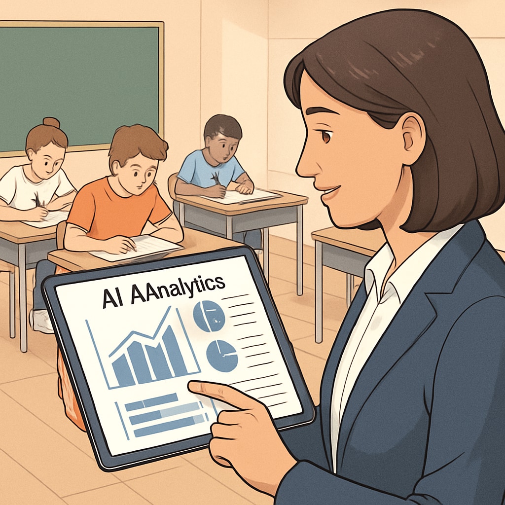 A teacher using AI analytics on a tablet to track and analyze student performance in real-time, highlighting innovative educational assessments. Teacher using AI tool to monitor student progress in a classroom.
