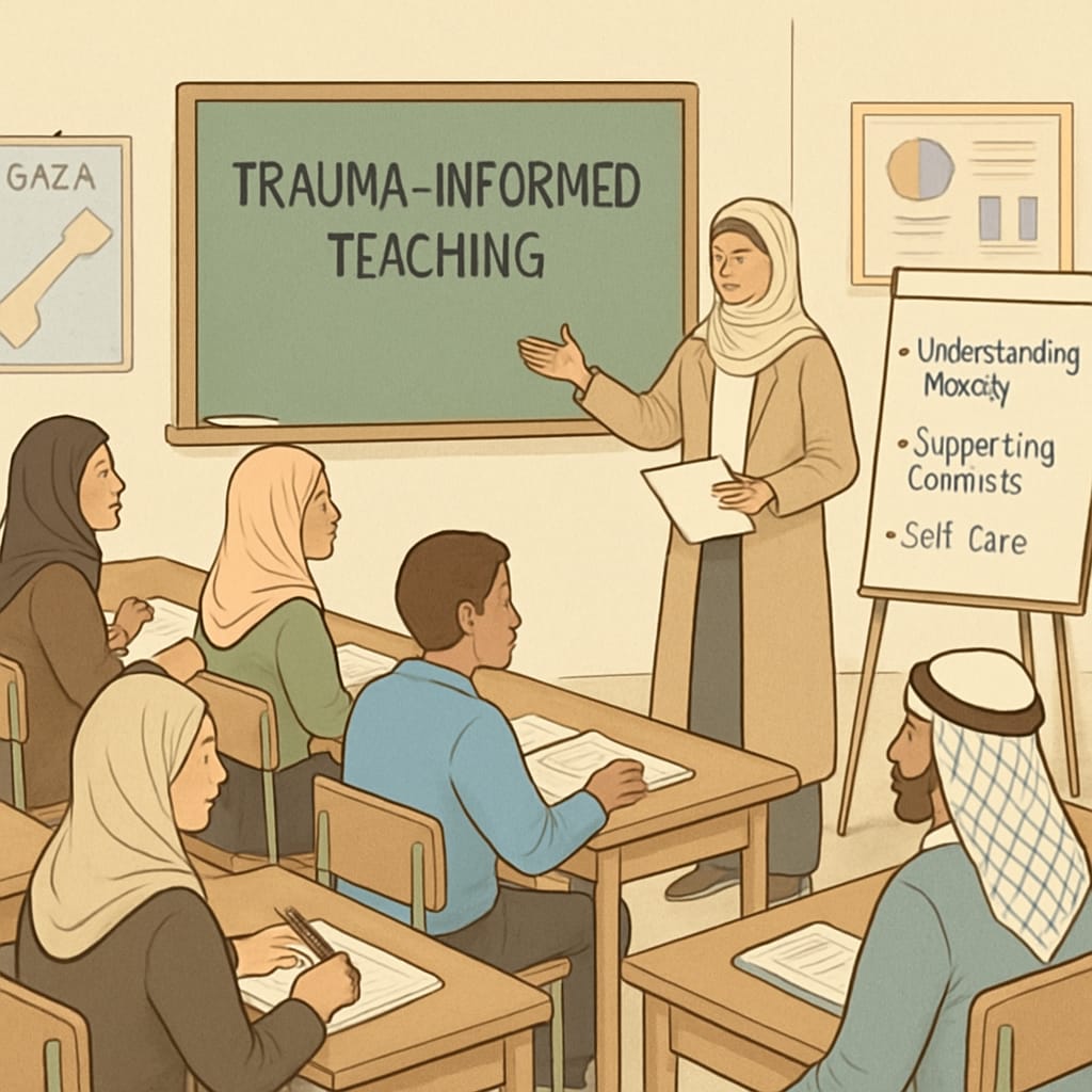 Teachers in Gaza participating in a training workshop on trauma-informed teaching methods. Gaza teachers attending a workshop on trauma-sensitive educational practices.