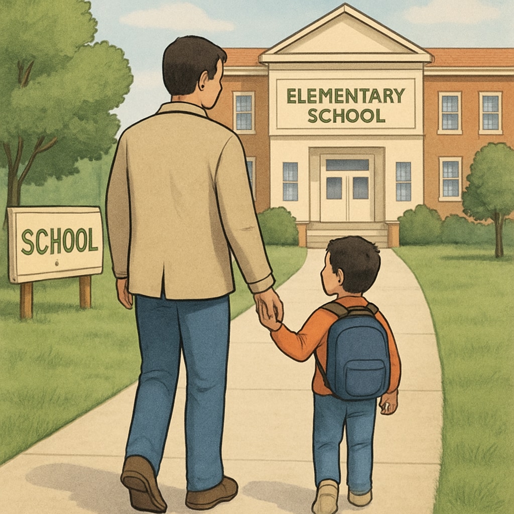 A parent and child walking hand-in-hand toward an elementary school, representing the importance of parental involvement in education. Parent and child walking toward a school, emphasizing parental involvement in education.
