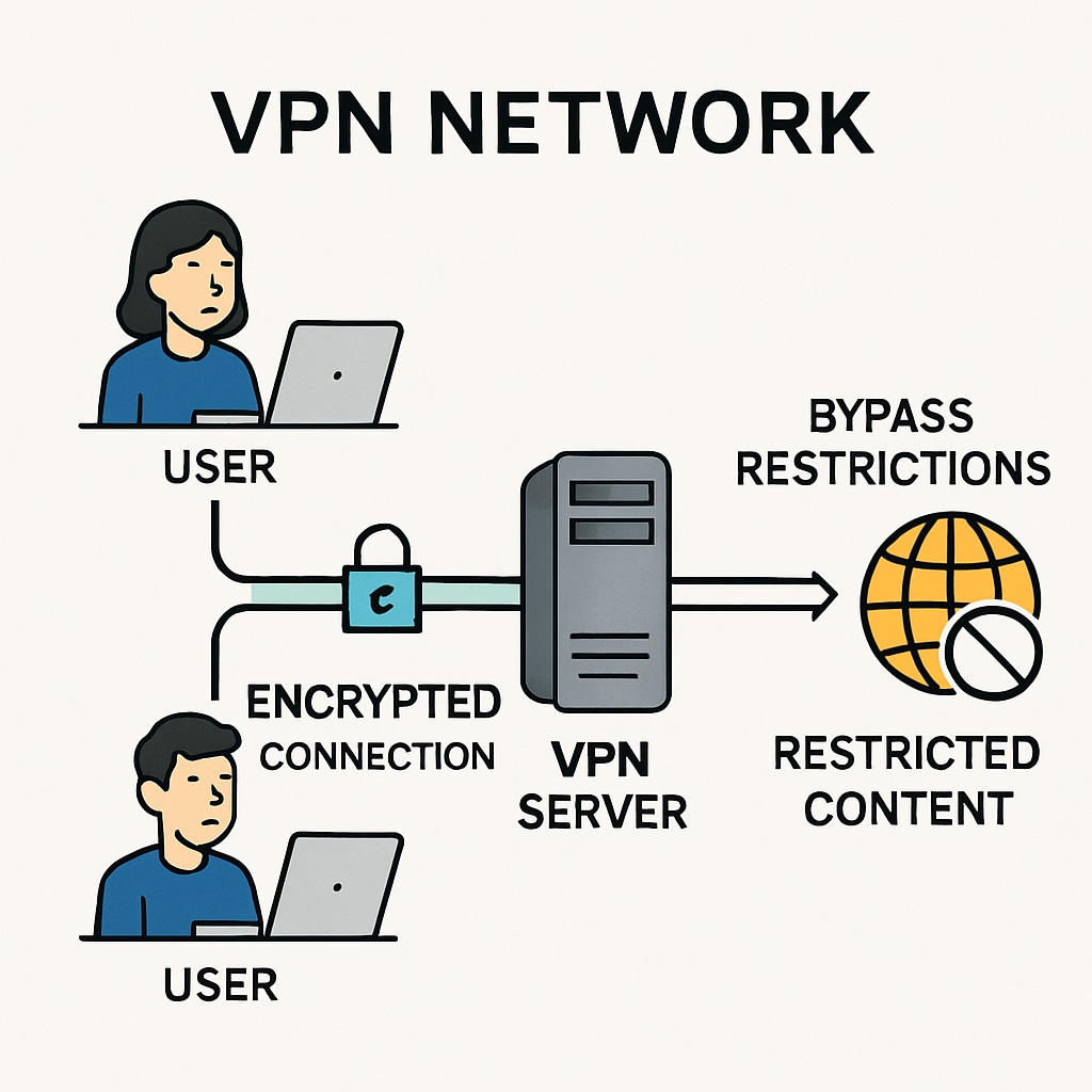 A graphical depiction of a VPN network, illustrating how users connect securely to bypass restrictions. VPN network illustration highlighting secure connections.