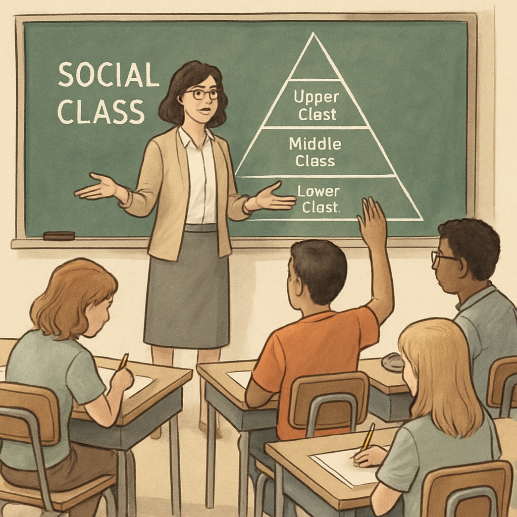 A classroom scene with a teacher discussing social hierarchies, illustrating how academic settings shape perceptions of class systems. A teacher explaining social hierarchies in a classroom, related to class system education content.