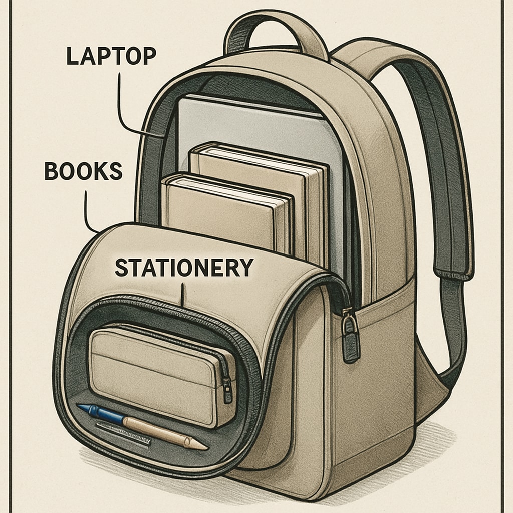 A neatly arranged university backpack showcasing compartments for a laptop, books, and stationery. University backpack with laptop, books, and stationery compartments.