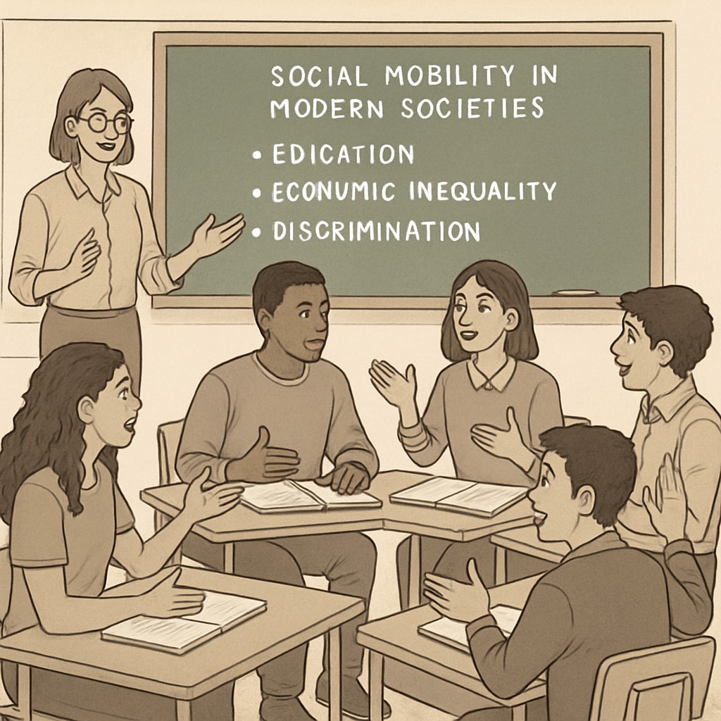 An interactive classroom discussion with students debating the factors influencing social mobility in modern societies. Students in a classroom debate about social mobility and class systems.