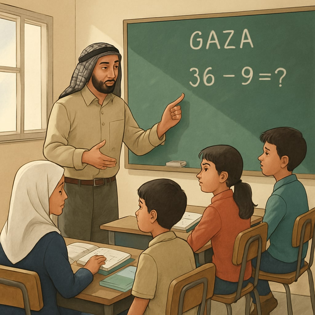 A teacher in a Gaza school conducting a science class on problem-solving.