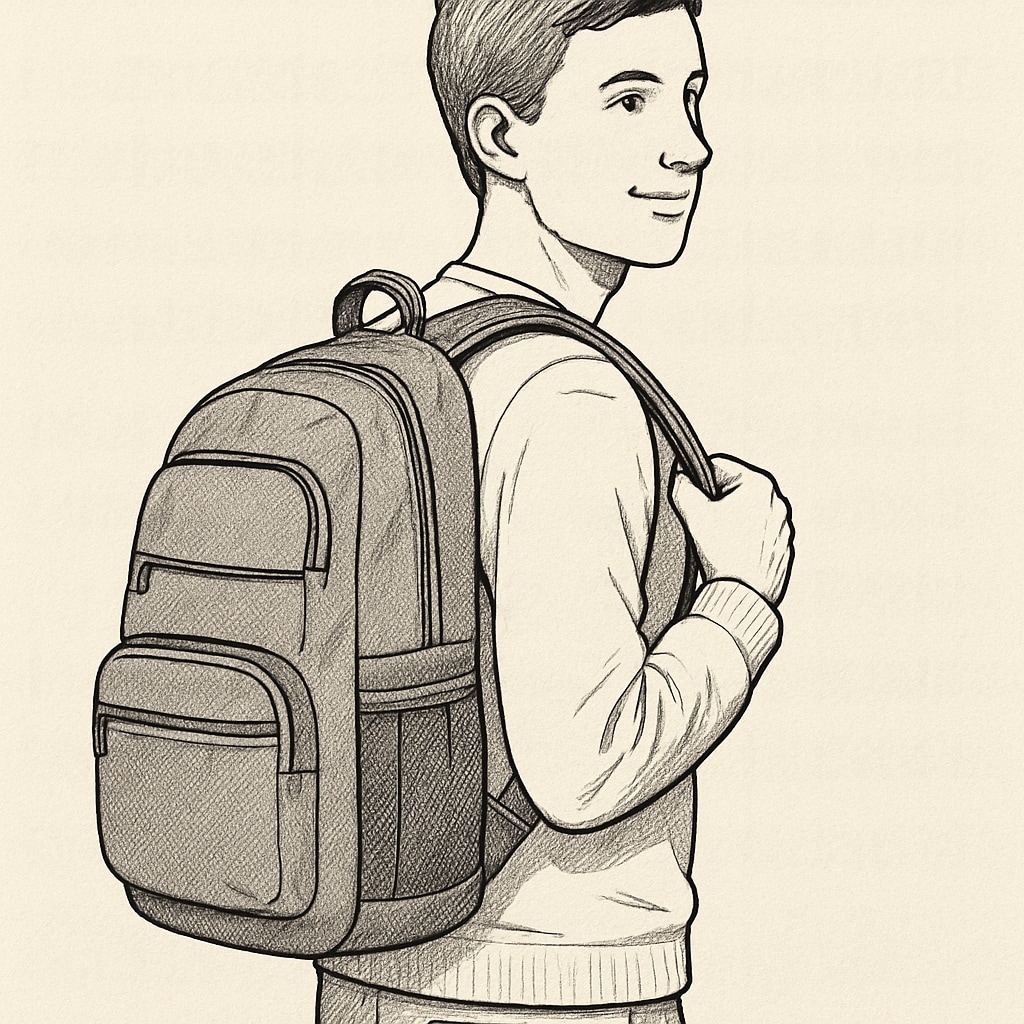 A university student using a functional backpack with visible external pockets and padded straps. Functional university backpack with external pockets and padded straps.