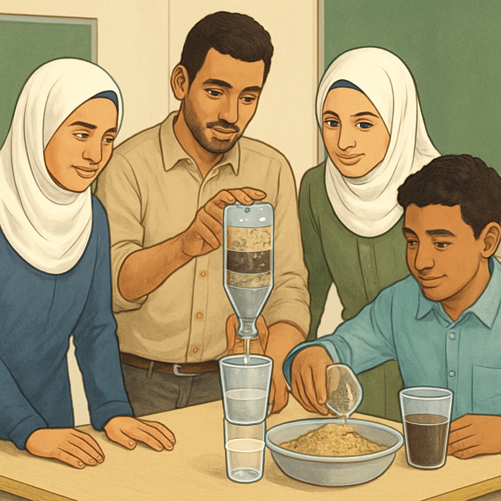 Gaza students working on a science experiment about water filtration, fostering collaboration.
