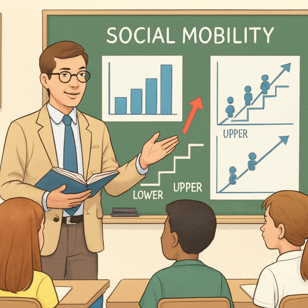A teacher explaining social mobility concepts using interactive charts in a classroom setting. A teacher demonstrating social mobility concepts to students.