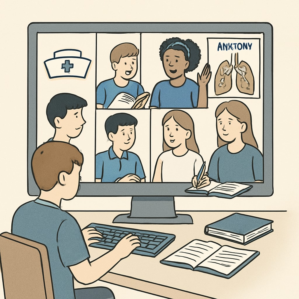 A group of high school students discussing nursing topics in a virtual study group, displayed on a computer screen. Nursing study group on a computer screen, discussing healthcare topics.