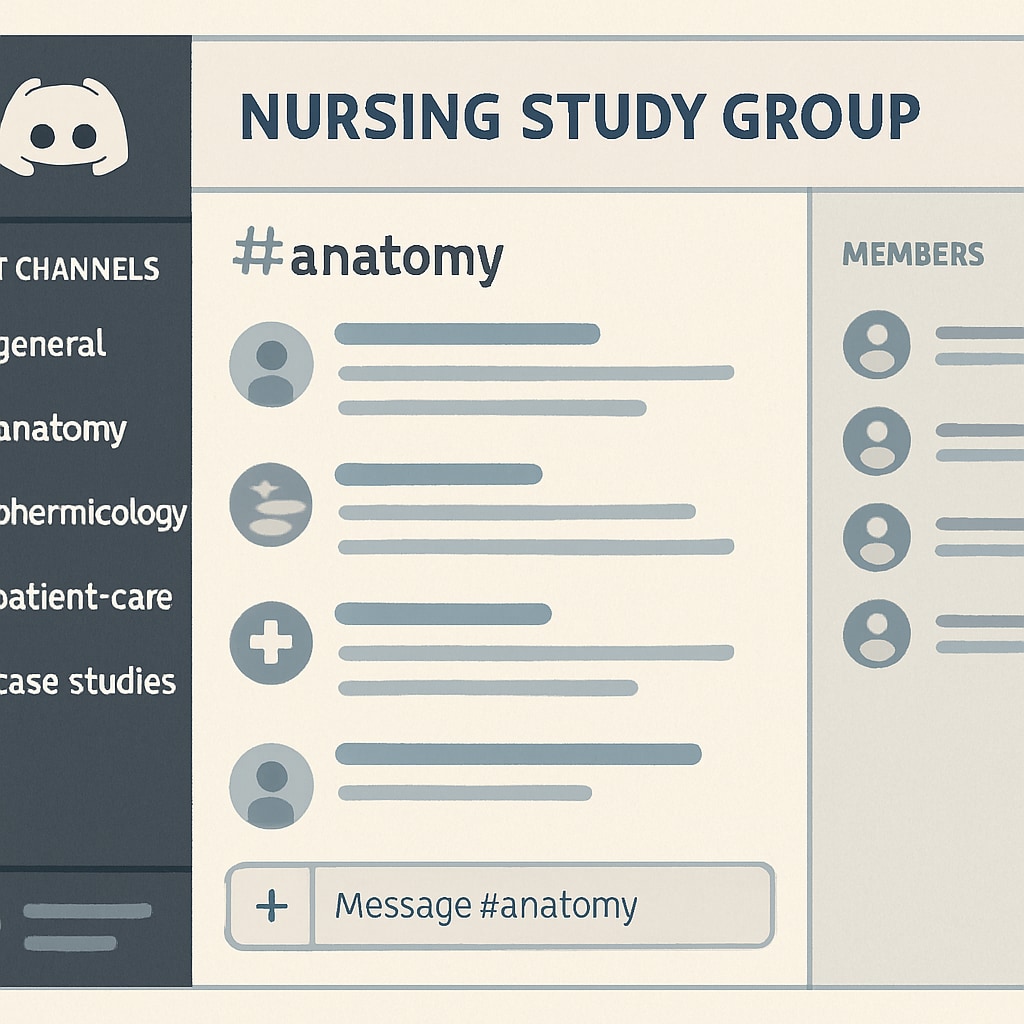 A Discord interface showing a nursing study group with multiple channels for different healthcare topics. Discord interface with a nursing study group and topic-specific channels.