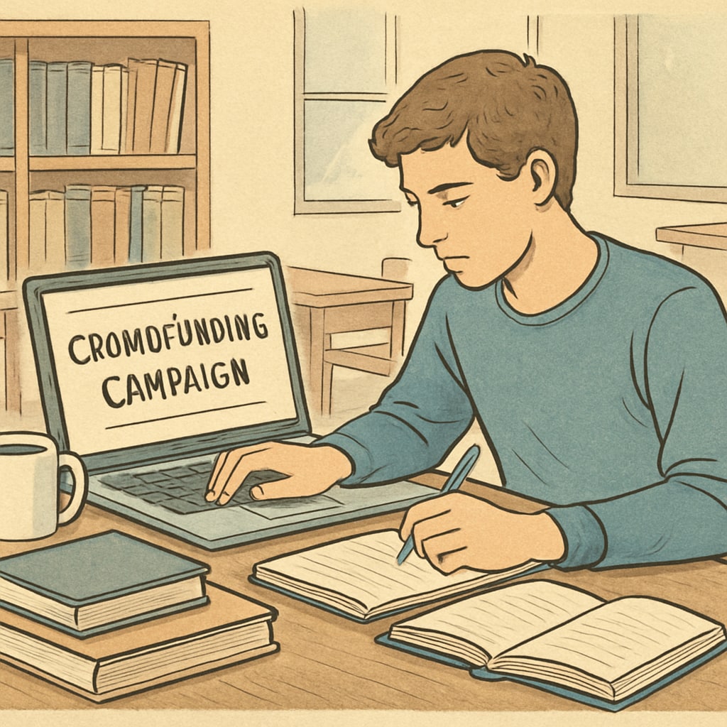 A student working on a crowdfunding campaign for college tuition, highlighting financial hardship.