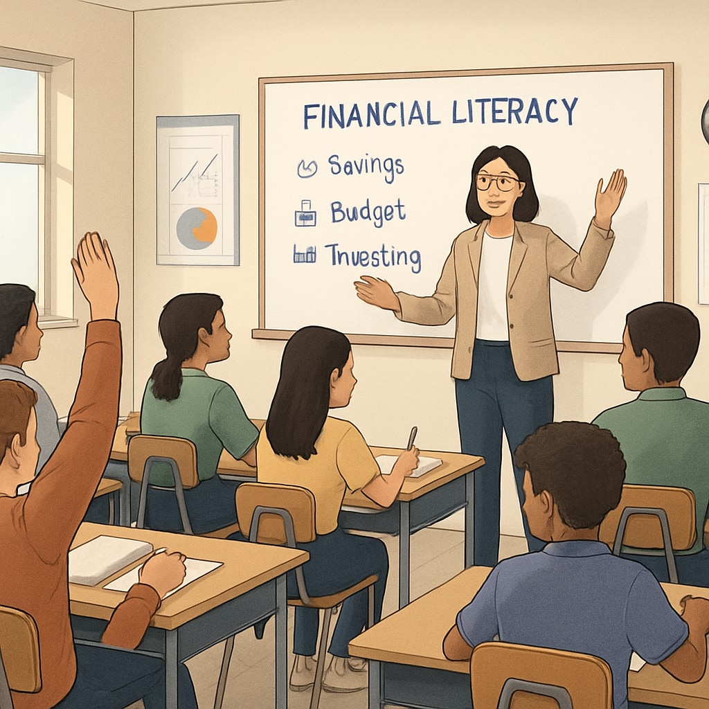 Students learning about personal finance in a classroom, emphasizing the importance of K-12 financial education.