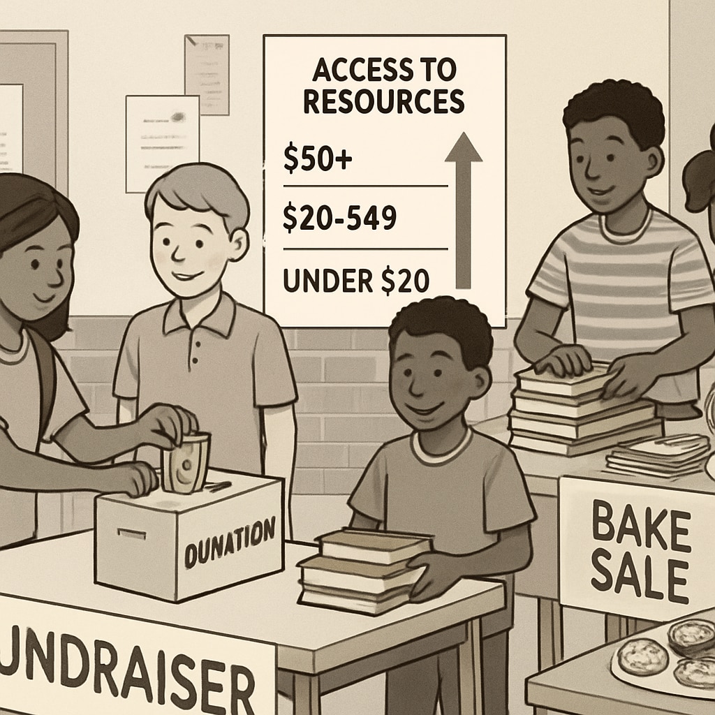 A group of students participating in a fundraiser event, with visible differences in access to resources based on donation levels. Students in a school fundraiser illustrating economic disparity.