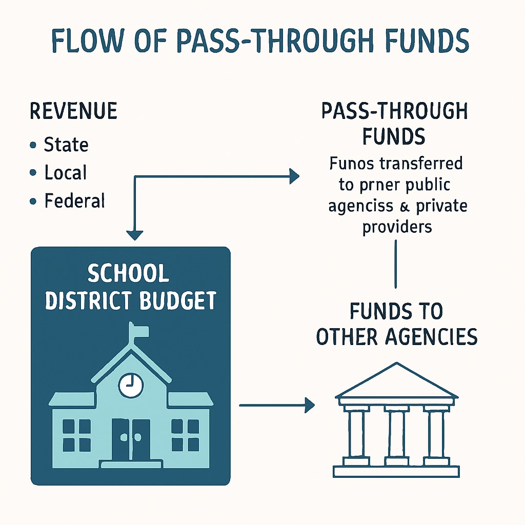 A detailed infographic illustrating the flow of pass-through funds within a school district budget. Infographic showing the flow of pass-through funds and their impact on school budgets.