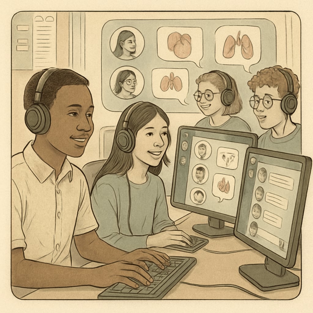 A group of students engaging in a virtual discussion on a healthcare-focused Discord server. Nursing students and K12 learners collaborating in a study group on Discord.